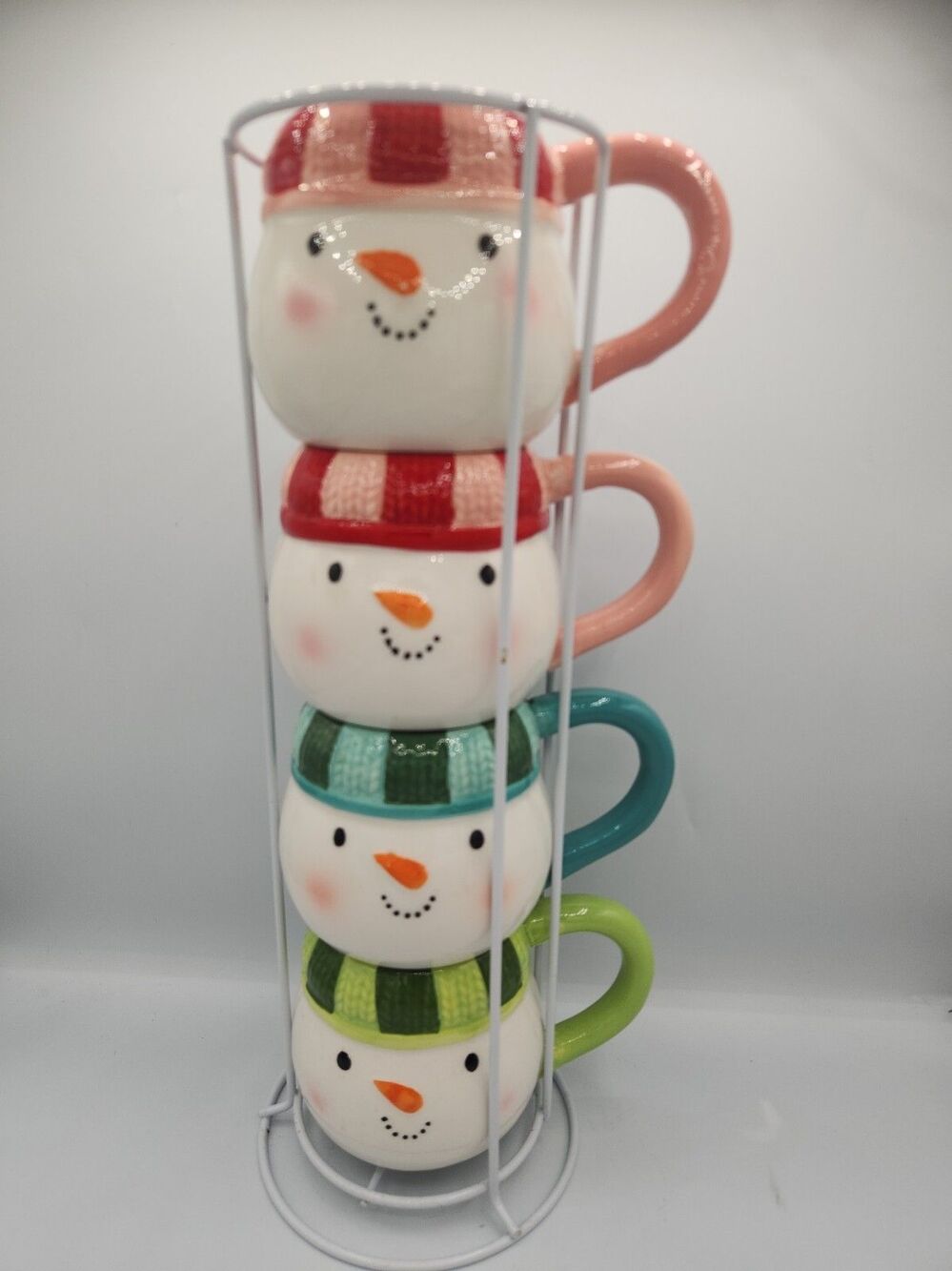 Merry & Bright Snowman Stacked Christmas Holiday 3oz Cups W/Rack Set of 4